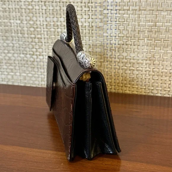 🌟7xHP🌟VTG 90s Brighton Croco Embossed Brown & Black Leather Organizer Wallet Bag - Picture 6 of 15